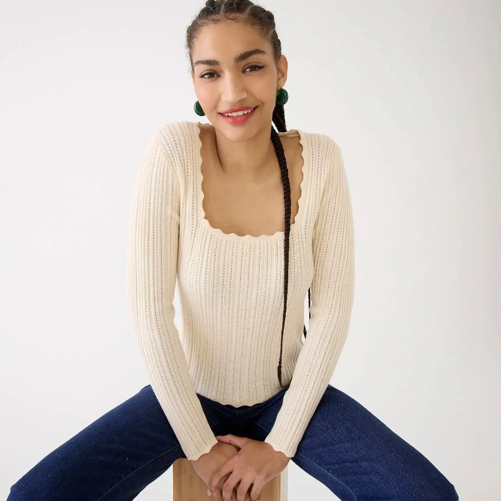Size XS J.Crew Scalloped Squareneck Pointelle Sweater $28 (Firm) $140